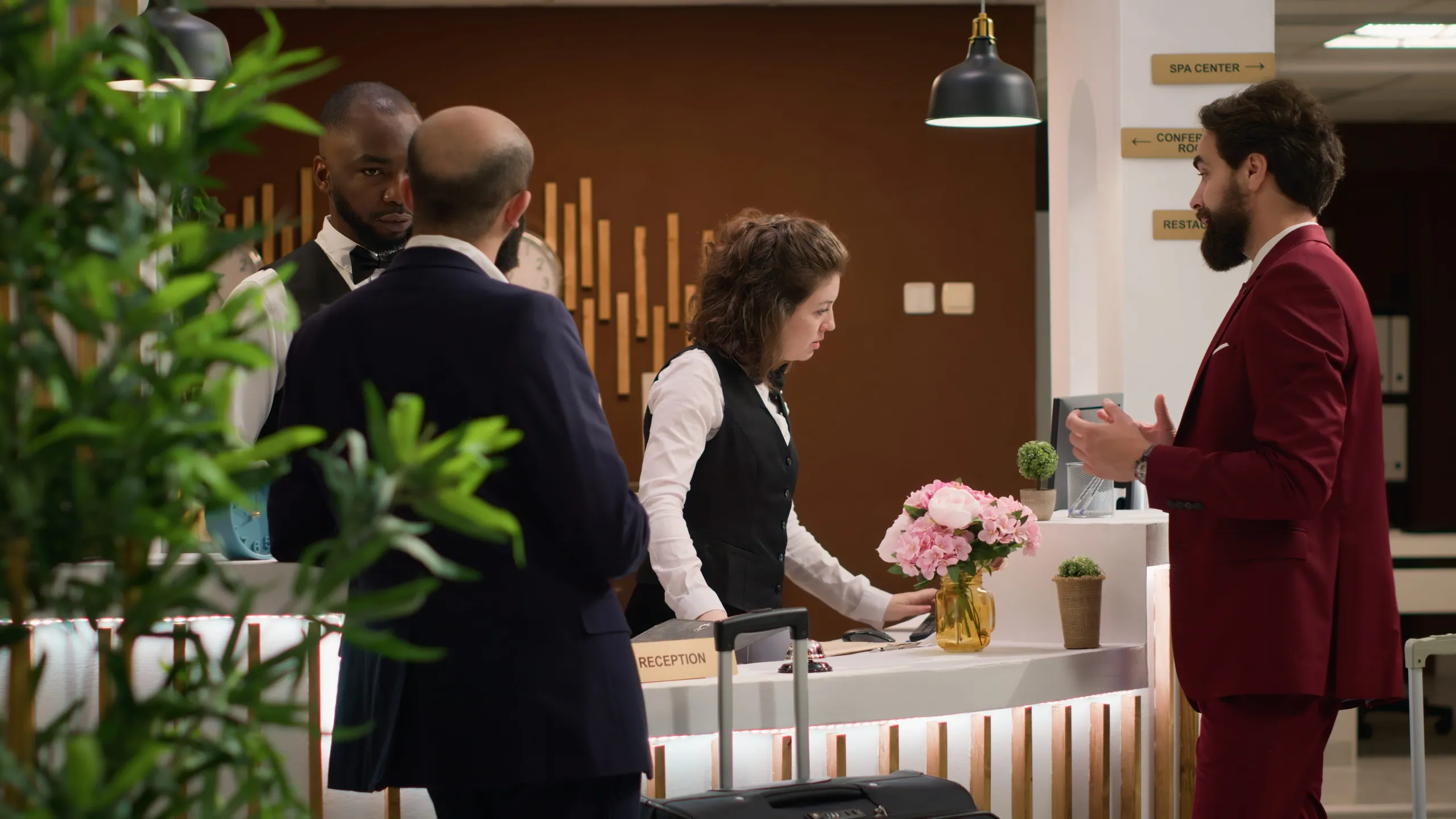 Guests arriving with luggage at a hotel reception desk
