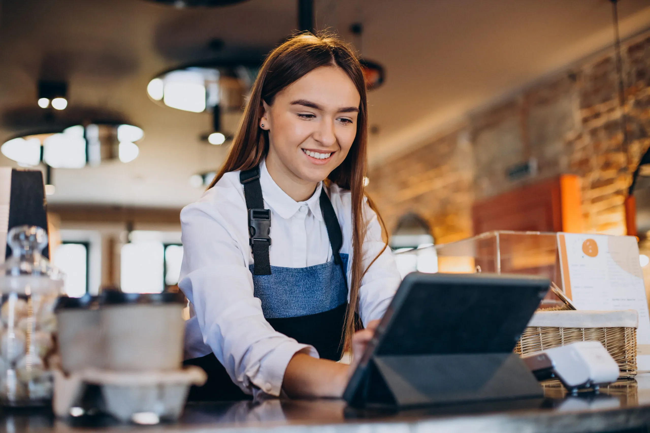 A barista taking an order on a tablet behind the counter of a coffee shop